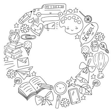 Okul eşyalarıyla vektör deseni. Kitaplar, gökkuşağı, dünya. Çevrimiçi eğitim.