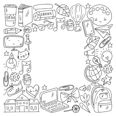 Okul eşyalarıyla vektör deseni. Kitaplar, gökkuşağı, dünya. Çevrimiçi eğitim.