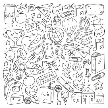 Okul eşyalarıyla vektör deseni. Kitaplar, gökkuşağı, dünya. Çevrimiçi eğitim.