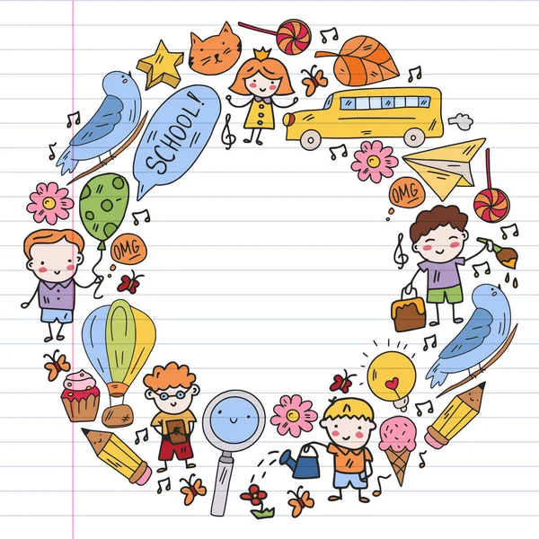 Niños dibujando Kindergarten School Niños felices jugando Ilustración para niños Guardería Infantil Niños icono — Archivo Imágenes Vectoriales