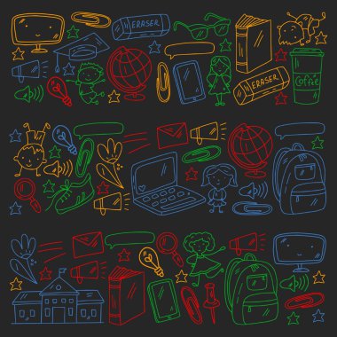 Yaratıcılık ve hayal gücü. Okul ögeleri ile vektör simgeleri.