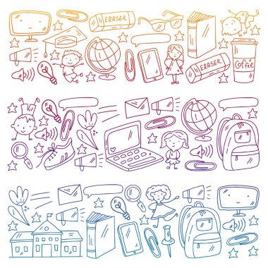 Eğitim öğeleri olan çizgi film ikonları. İnternetten ders. E-öğrenme.