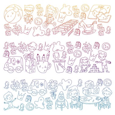 Küçük çocuklar ve oyuncaklarla anaokulu modeli. Yaratıcılık ve hayal gücü.