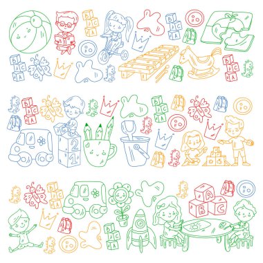 Küçük çocuklar ve oyuncaklarla anaokulu modeli. Yaratıcılık ve hayal gücü.