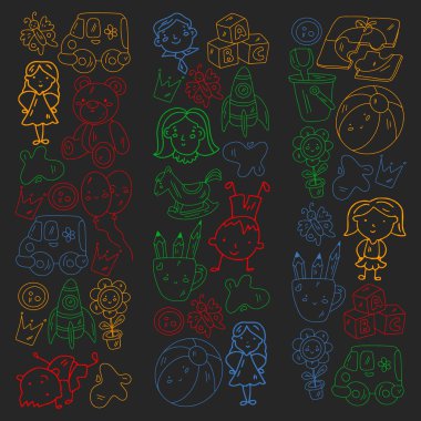 Küçük çocuklar ve oyuncaklarla anaokulu modeli. Yaratıcılık ve hayal gücü.