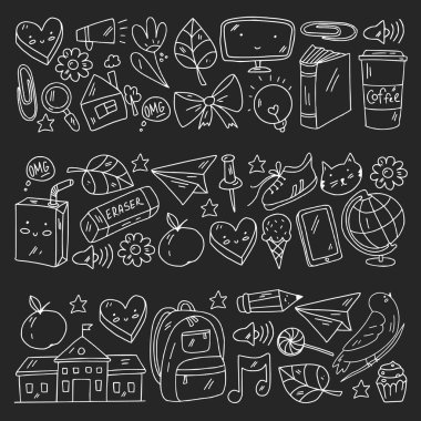 Okul simgeleriyle vektör deseni. E-öğrenme, online eğitim.