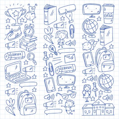 Yaratıcılık ve hayal gücü. Okul ögeleri ile vektör simgeleri.