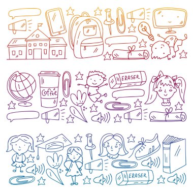 Okul simgeleriyle vektör deseni. E-öğrenme, online eğitim.