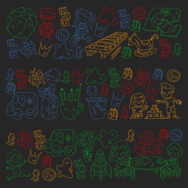 Küçük çocuklar ve oyuncaklarla anaokulu modeli. Yaratıcılık ve hayal gücü.