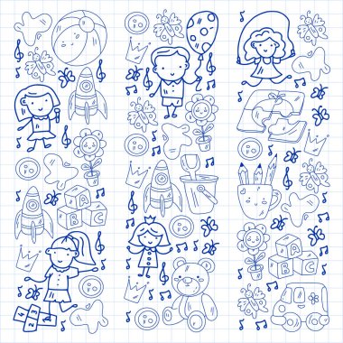 Küçük çocuklar ve oyuncaklarla anaokulu modeli. Yaratıcılık ve hayal gücü.