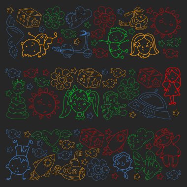 Kızlarda ve erkeklerde vektör deseni. Anaokulu ve oyuncaklar. Mutlu çocukluk ve imagitanion ile yaratıcılık.