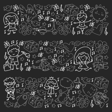 Kızlarda ve erkeklerde vektör deseni. Anaokulu ve oyuncaklar. Mutlu çocukluk ve imagitanion ile yaratıcılık.