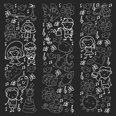 Kızlarda ve erkeklerde vektör deseni. Anaokulu ve oyuncaklar. Mutlu çocukluk ve imagitanion ile yaratıcılık.