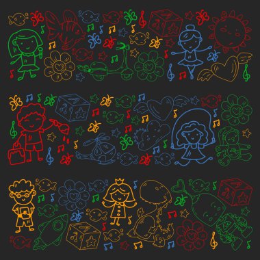 Kızlarda ve erkeklerde vektör deseni. Anaokulu ve oyuncaklar. Mutlu çocukluk ve imagitanion ile yaratıcılık.