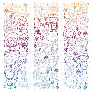 Kızlarda ve erkeklerde vektör deseni. Anaokulu ve oyuncaklar. Mutlu çocukluk ve imagitanion ile yaratıcılık.