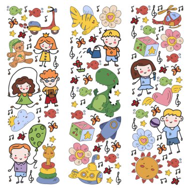 Kızlarda ve erkeklerde vektör deseni. Anaokulu ve oyuncaklar. Mutlu çocukluk ve imagitanion ile yaratıcılık.