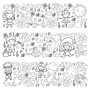 Kızlarda ve erkeklerde vektör deseni. Anaokulu ve oyuncaklar. Mutlu çocukluk ve imagitanion ile yaratıcılık.