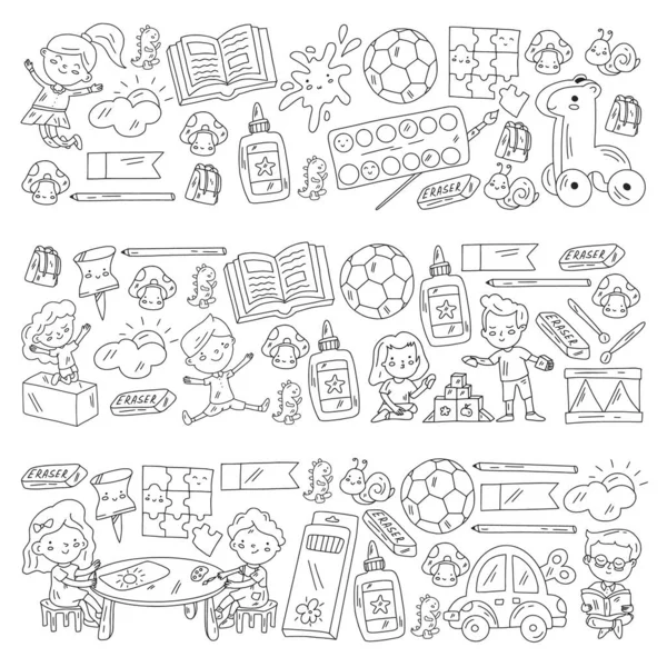 Kindergarten pattern with little children and toys. Creativity and imagination. — Stock Vector