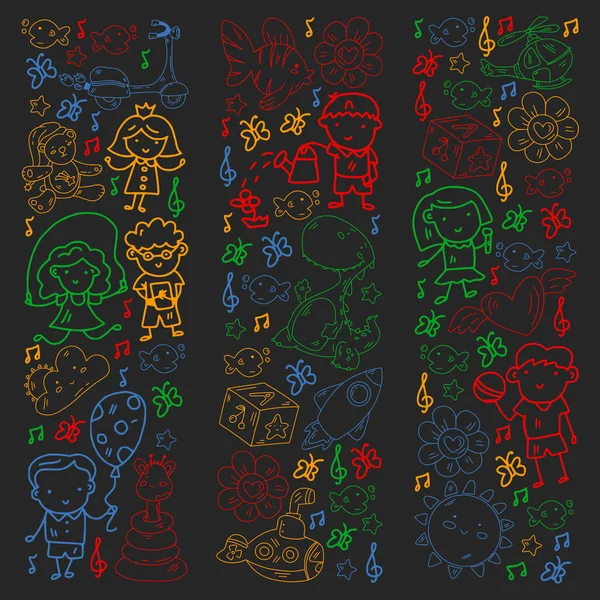 Kızlarda ve erkeklerde vektör deseni. Anaokulu ve oyuncaklar. Mutlu çocukluk ve imagitanion ile yaratıcılık.