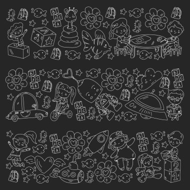 Kızlarda ve erkeklerde vektör deseni. Anaokulu ve oyuncaklar. Mutlu çocukluk ve imagitanion ile yaratıcılık.