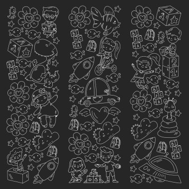 Kızlarda ve erkeklerde vektör deseni. Anaokulu ve oyuncaklar. Mutlu çocukluk ve imagitanion ile yaratıcılık.