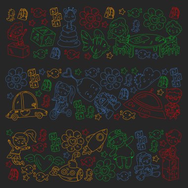 Kızlarda ve erkeklerde vektör deseni. Anaokulu ve oyuncaklar. Mutlu çocukluk ve imagitanion ile yaratıcılık.