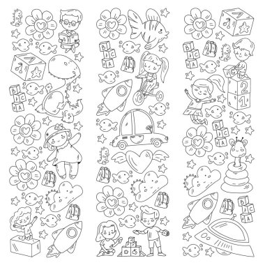 Kızlarda ve erkeklerde vektör deseni. Anaokulu ve oyuncaklar. Mutlu çocukluk ve imagitanion ile yaratıcılık.