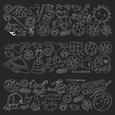 Kızlarda ve erkeklerde vektör deseni. Anaokulu ve oyuncaklar. Mutlu çocukluk ve imagitanion ile yaratıcılık.