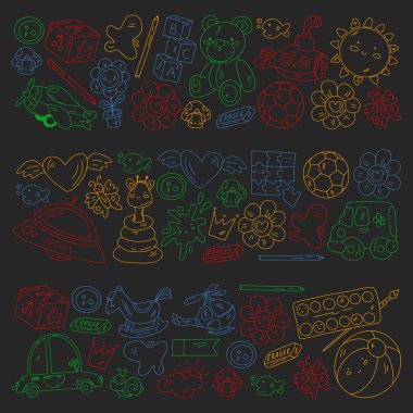 Kızlarda ve erkeklerde vektör deseni. Anaokulu ve oyuncaklar. Mutlu çocukluk ve imagitanion ile yaratıcılık.