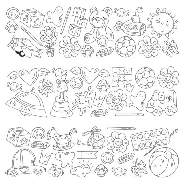 Kızlarda ve erkeklerde vektör deseni. Anaokulu ve oyuncaklar. Mutlu çocukluk ve imagitanion ile yaratıcılık.