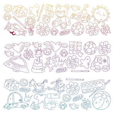 Kızlarda ve erkeklerde vektör deseni. Anaokulu ve oyuncaklar. Mutlu çocukluk ve imagitanion ile yaratıcılık.