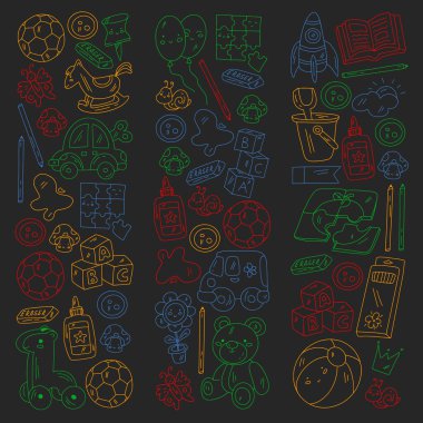 Kızlarda ve erkeklerde vektör deseni. Anaokulu ve oyuncaklar. Mutlu çocukluk ve imagitanion ile yaratıcılık.