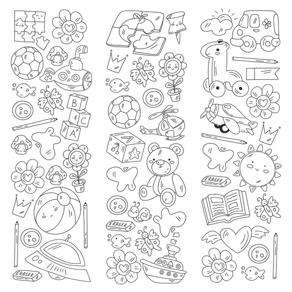 Vector pattern with boys and girls. Kindergarten and toys. Happy childhood and creativity with imagitanion. — Stock Vector