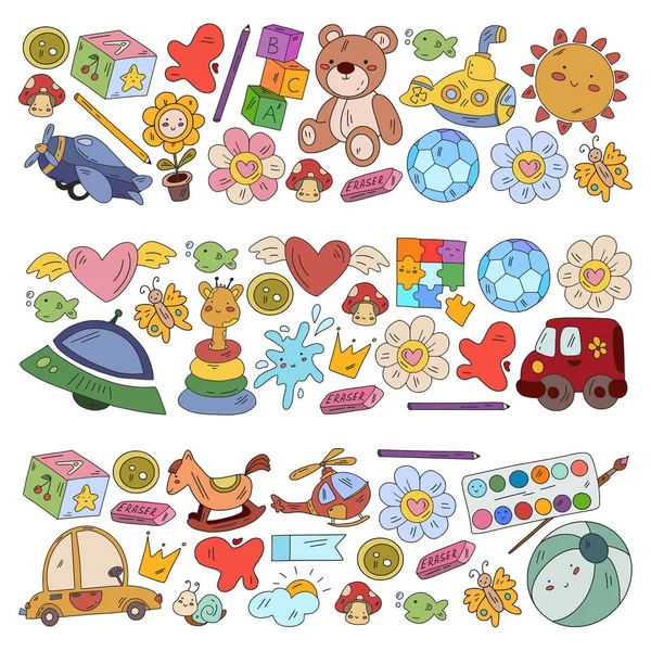 Vector pattern with boys and girls. Kindergarten and toys. Happy childhood and creativity with imagitanion. — Stock Vector