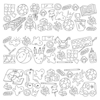 Kızlarda ve erkeklerde vektör deseni. Anaokulu ve oyuncaklar. Mutlu çocukluk ve imagitanion ile yaratıcılık.