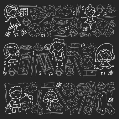 Kızlarda ve erkeklerde vektör deseni. Anaokulu ve oyuncaklar. Mutlu çocukluk ve imagitanion ile yaratıcılık.