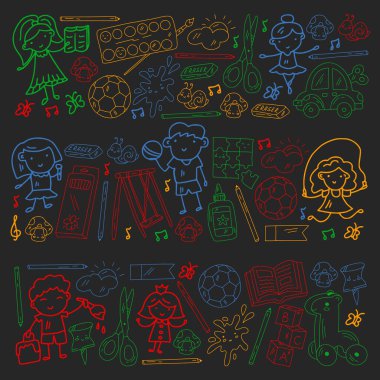 Kızlarda ve erkeklerde vektör deseni. Anaokulu ve oyuncaklar. Mutlu çocukluk ve imagitanion ile yaratıcılık.