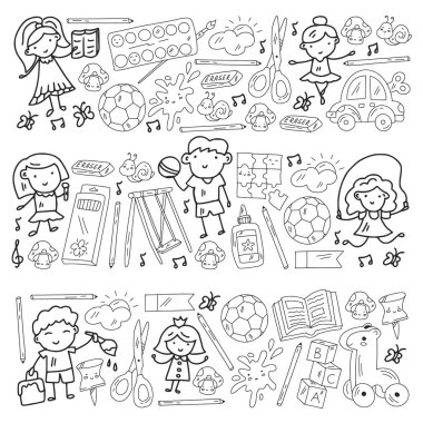 Kızlarda ve erkeklerde vektör deseni. Anaokulu ve oyuncaklar. Mutlu çocukluk ve imagitanion ile yaratıcılık.