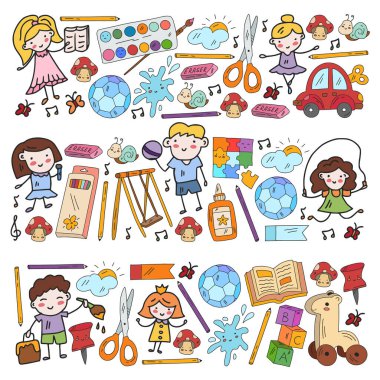 Kızlarda ve erkeklerde vektör deseni. Anaokulu ve oyuncaklar. Mutlu çocukluk ve imagitanion ile yaratıcılık.