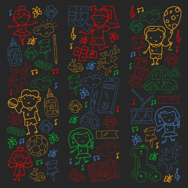 Kızlarda ve erkeklerde vektör deseni. Anaokulu ve oyuncaklar. Mutlu çocukluk ve imagitanion ile yaratıcılık.