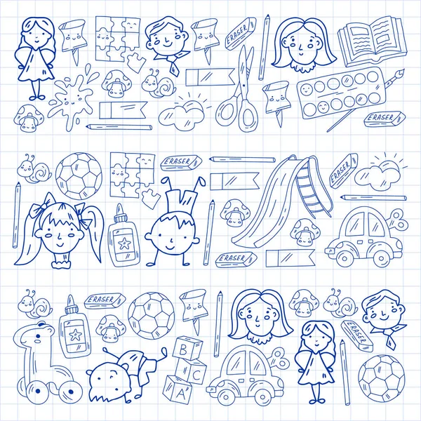 Kindergarten-Muster mit kleinen Kindern und Spielzeug. Kreativität und Fantasie. — Stockvektor
