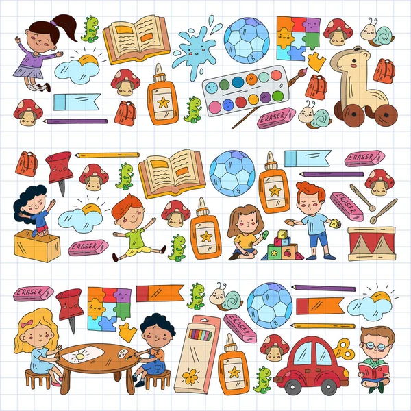 Kindergarten-Muster mit kleinen Kindern und Spielzeug. Kreativität und Fantasie. — Stockvektor