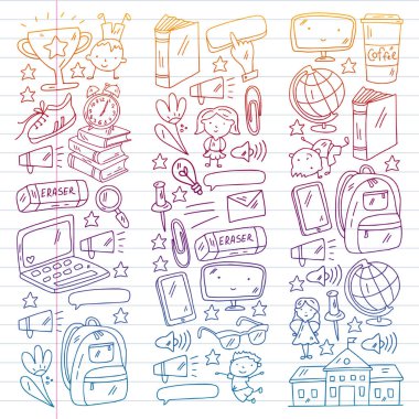 Yaratıcılık ve hayal gücü. Okul ögeleri ile vektör simgeleri.