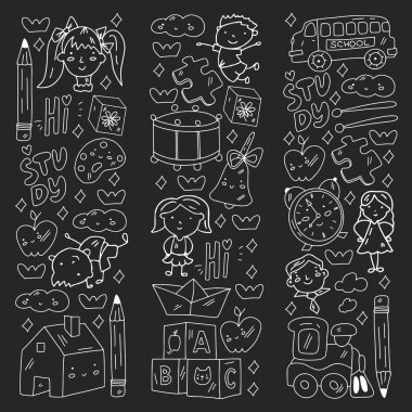 Okul simgeleriyle vektör deseni. E-öğrenme, online eğitim.