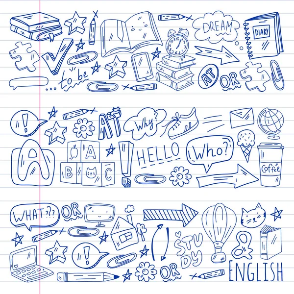 Curso de inglés. E-learning, educación en línea. Idioma inglés — Vector de stock