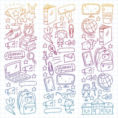 Yaratıcılık ve hayal gücü. Okul ögeleri ile vektör simgeleri.