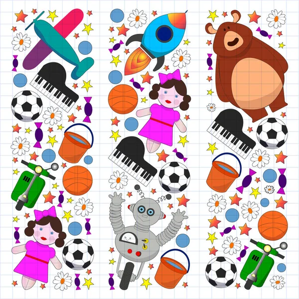 Kindergarten pattern with little children and toys. Creativity and imagination. — Stock Vector