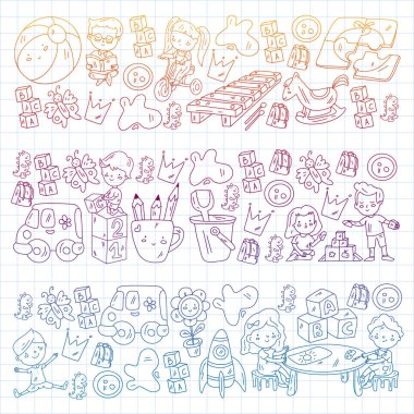 Küçük çocuklar ve oyuncaklarla anaokulu modeli. Yaratıcılık ve hayal gücü.