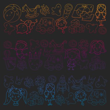 Küçük çocuklar ve oyuncaklarla anaokulu modeli. Yaratıcılık ve hayal gücü.