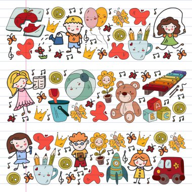 Küçük çocuklar ve oyuncaklarla anaokulu modeli. Yaratıcılık ve hayal gücü.